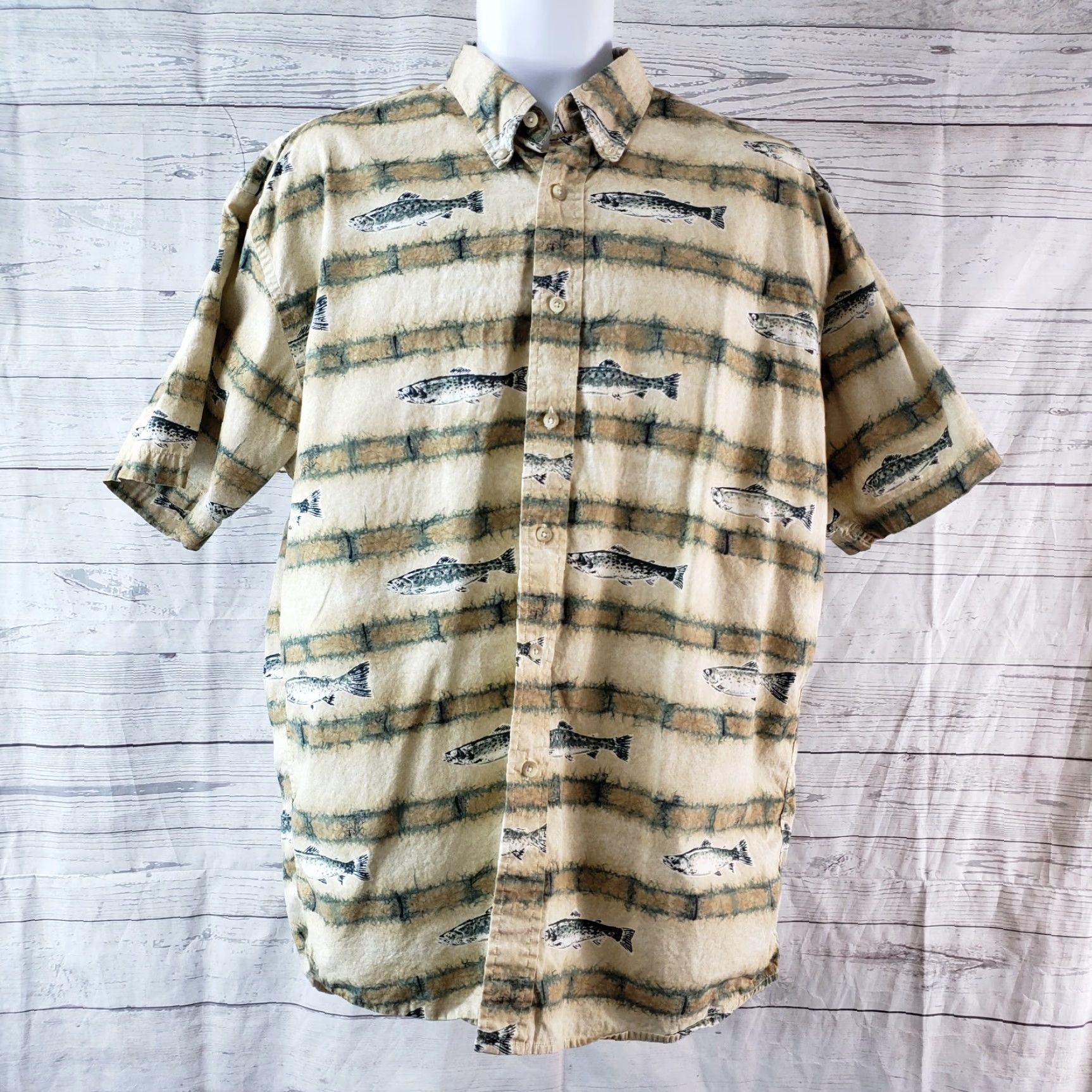 Pendleton VINTAGE Pendleton Shirt Mens Button Front Cotton Fish Print Green Brown Sz L Large Shirt Men Short Sleeve Collared Button-Up 90s Theme Fish Mens Size US L / EU 52-54 / 3 - 2 Thumbnail