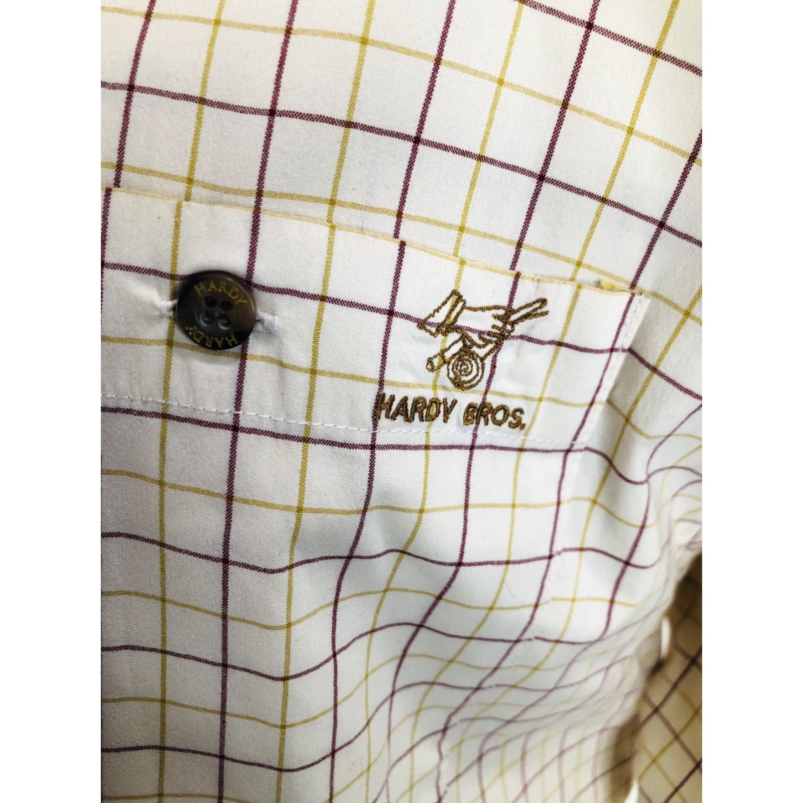 Vintage Hardy Bros Plaid Check FLY FISHING Embroidered Lg. Shirt - EXC. Button-Up - Men - Long Sleeve - Beige / Brown / Burgundy - J14 Size US L / EU 52-54 / 3 - 4 Thumbnail
