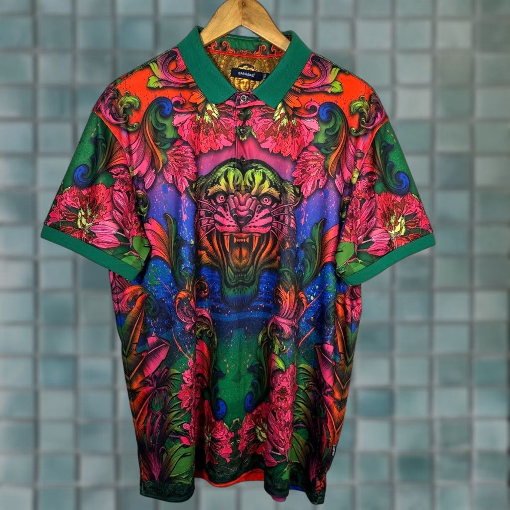 Vintage Barabas Polo Shirt Graphic Print Tiger Baroque Multicolor 2XL ...