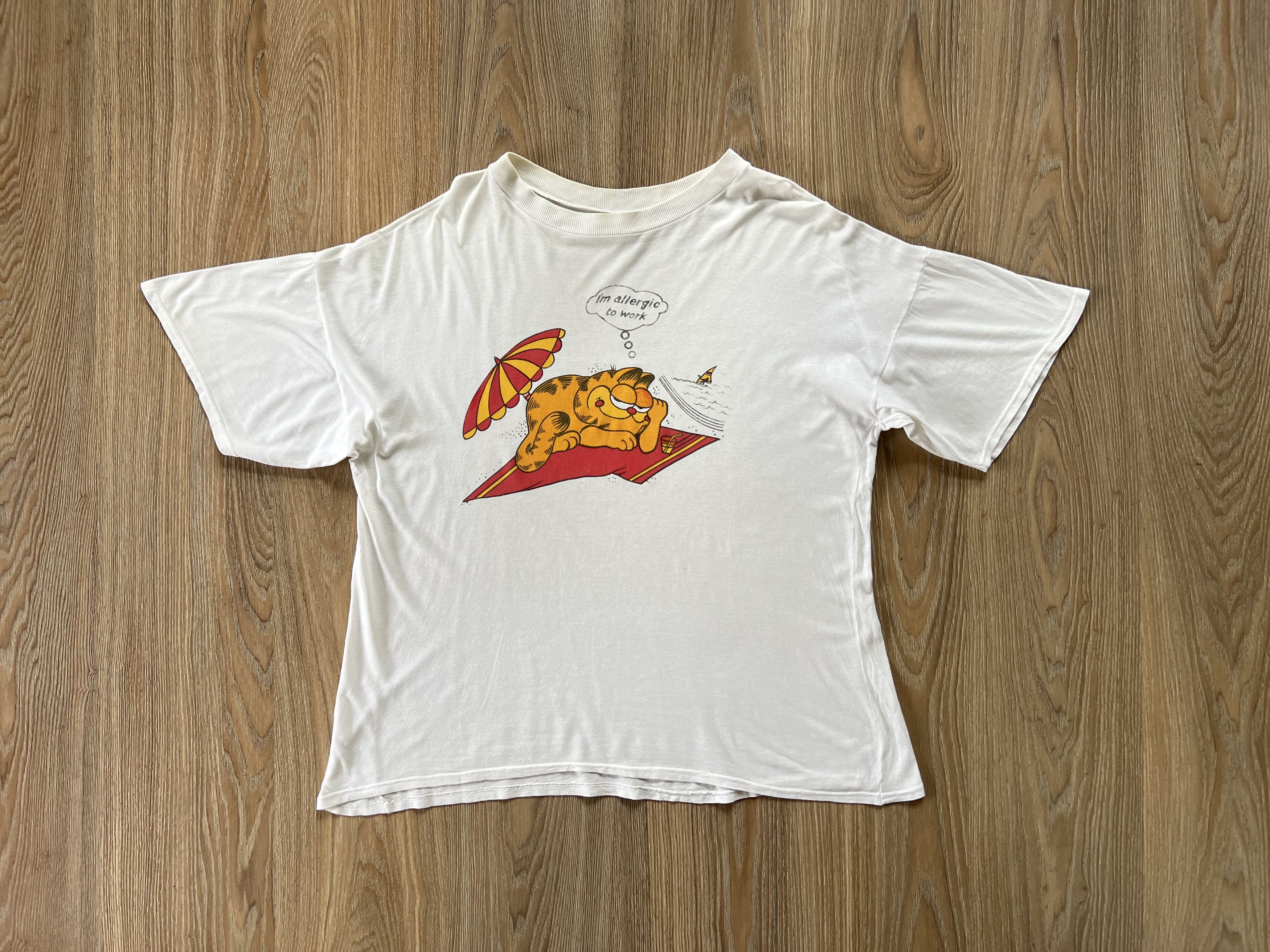 image of Garfield I ' M Allergic To Work T Shirt 70's in White, Men's (Size Large)