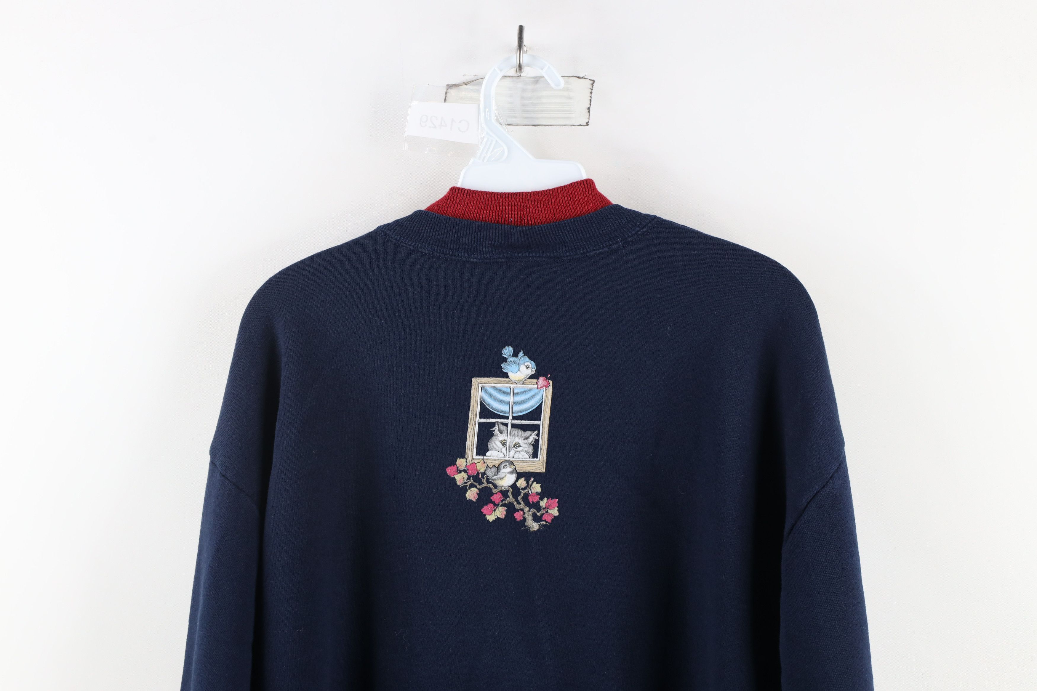 Vintage Vintage 90s Streetwear Cat Kitten Bird Sweatshirt Blue USA Size L / US 10 / IT 46 - 11 Thumbnail