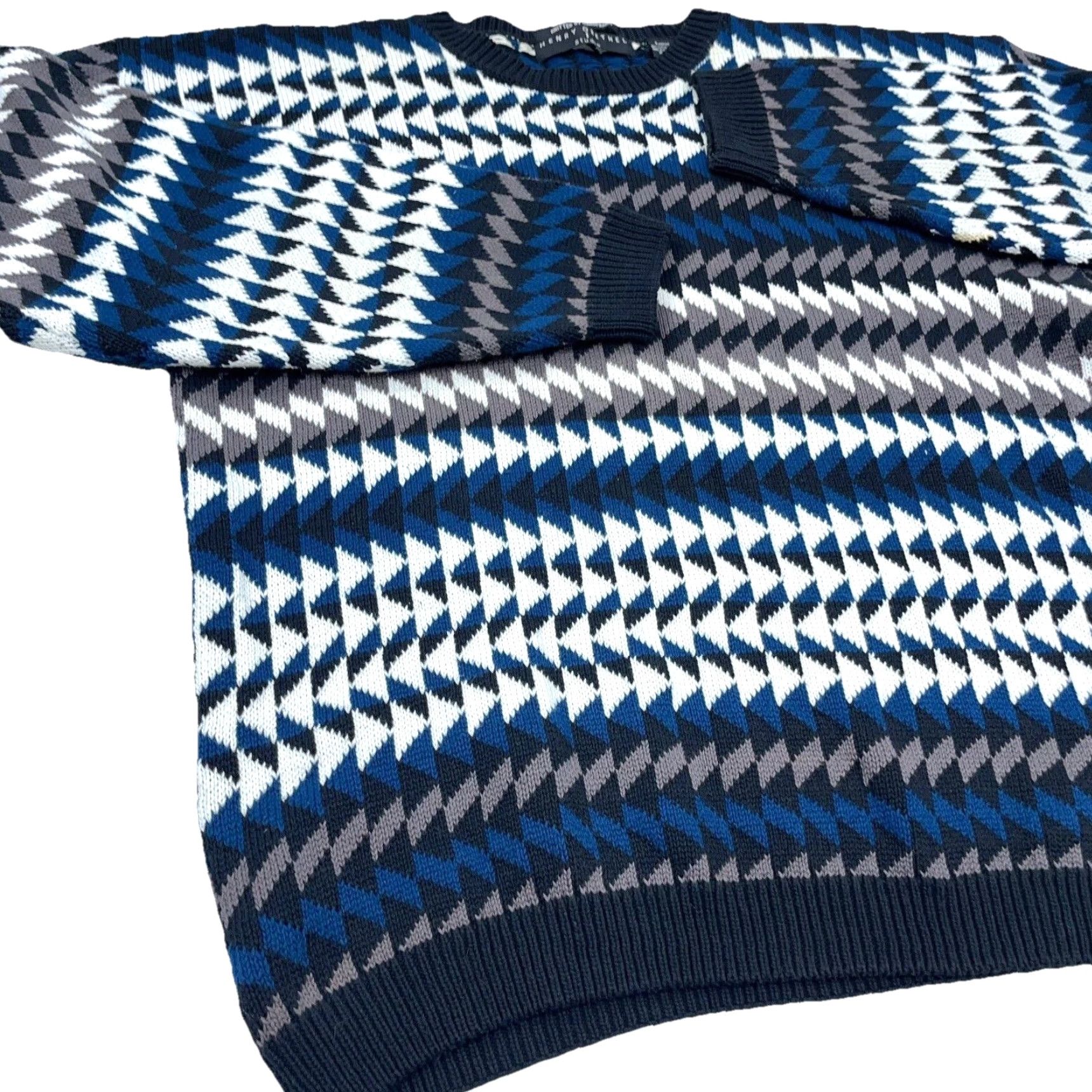 Vintage VINTAGE Henrey Grethel Sweater Men's L Blue Geometric Knit Crew Neck Pullover Logo Embroidered All Seasons Heavyweight Classic American (Adult) Mens Size US L / EU 52-54 / 3 - 5 Thumbnail