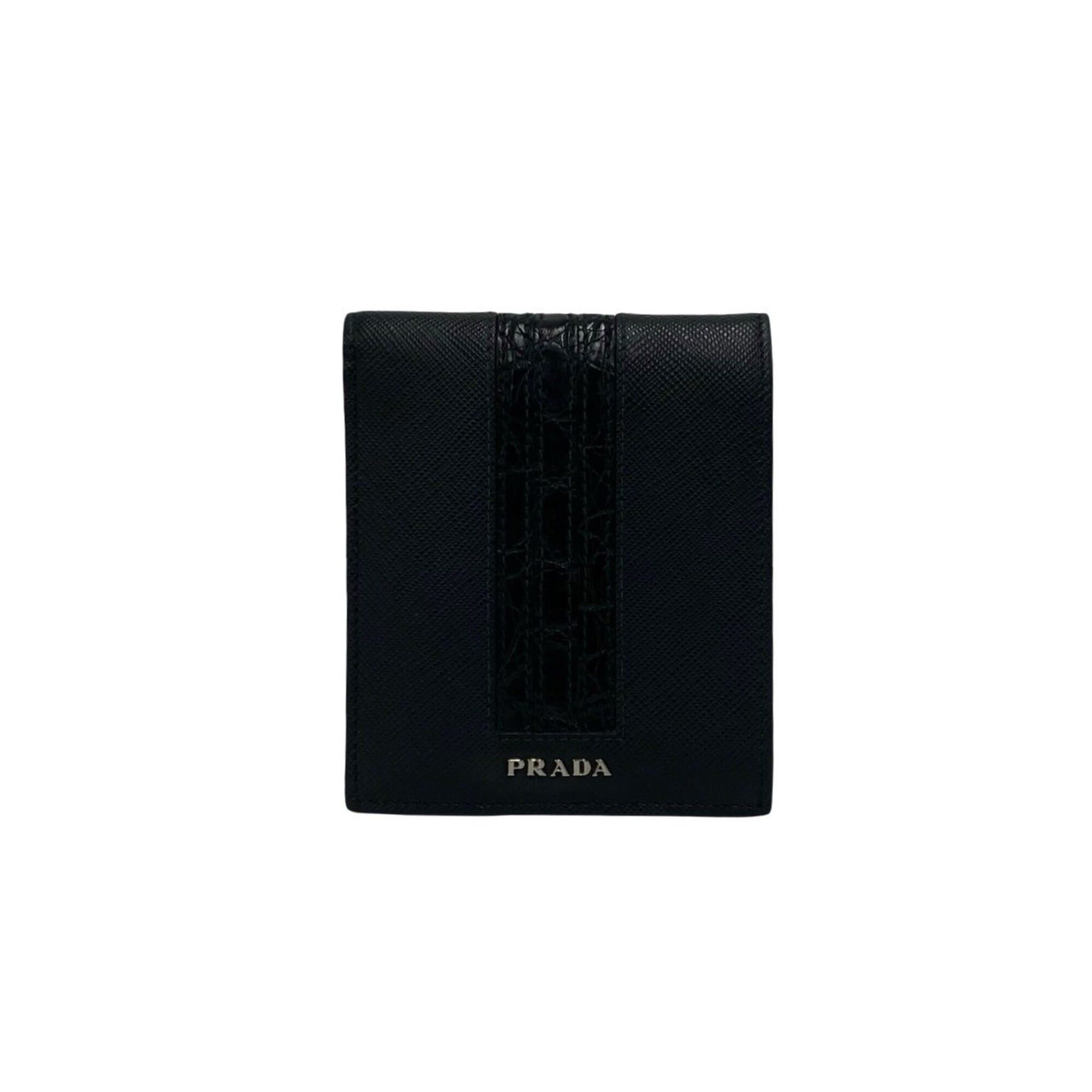 Prada PRADA logo hardware, Saffiano crocodile embossed leather, genuine bi-fold wallet, black, 31109 Size ONE SIZE - 1 Thumbnail