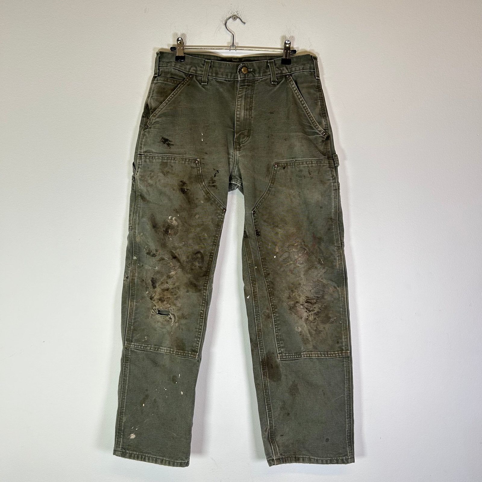 Carhartt Carhartt Olive Thrashed Double Knee Carpenter Pants Size US 31 - 1 Thumbnail
