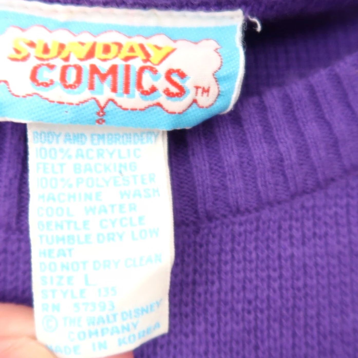 Disney VINTAGE 80s Sunday Comics purple Mickey Mouse patch sweater L Women Crew Neck Long Sleeve Knit Acrylic Disney Satin? Size L / US 10 / IT 46 - 6 Thumbnail