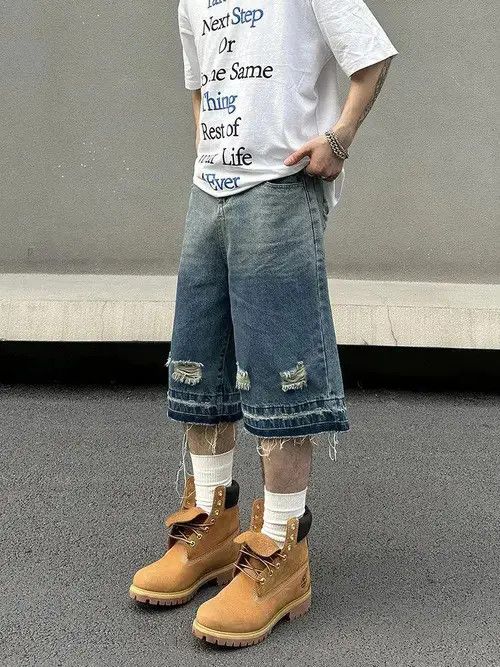 Jean Distressed Baggy Denim Shorts, Ripped Shorts Size US 32 / EU 48 - 2 Thumbnail
