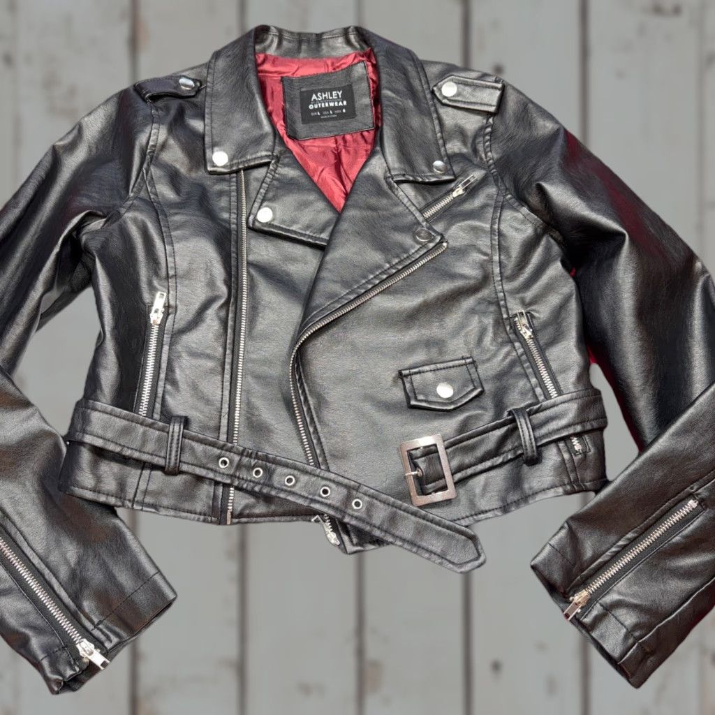 Vintage ASHLEY 26 INTERNATIONAL BRENDA Jacket WOMEN Large Black Faux Leather Moto Biker Size L / US 10 / IT 46 - 1 Thumbnail