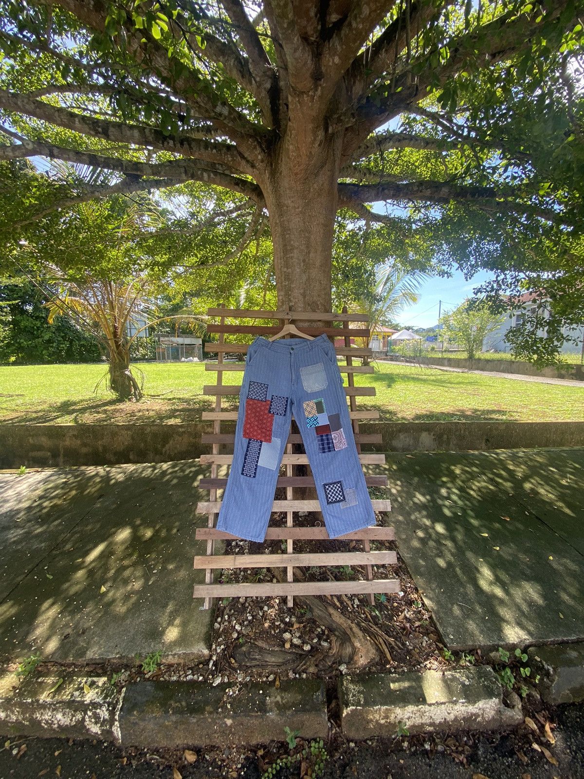 image of Distressed Denim x Vintage Patchwork Oshkosh Carpenter Reworked Pant in Hickory Stripe (Size 33)