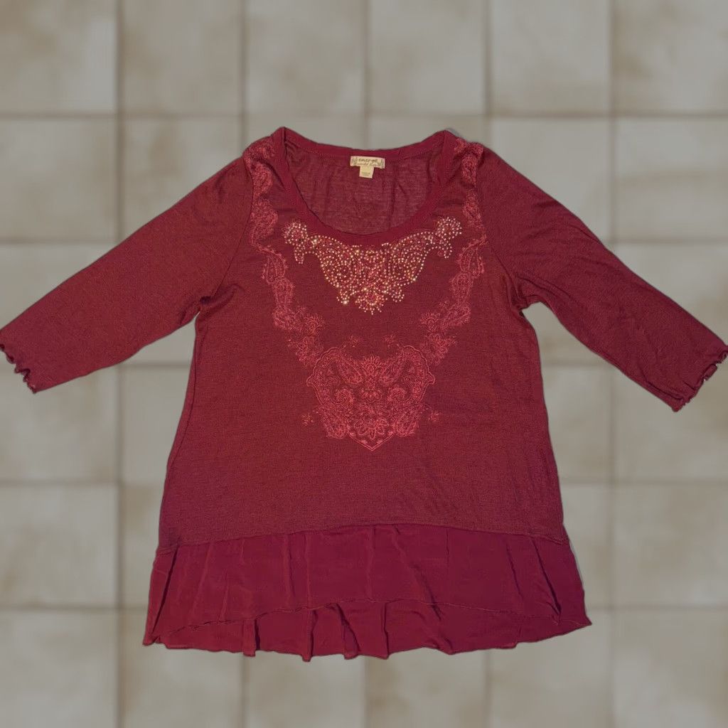 Vintage Energe Blouse Womens L Maroon Embelished Studded Y2K Paisley Ruffle 3/4 Sleeve Top Casual Womens Size L / US 10 / IT 46 - 1 Thumbnail