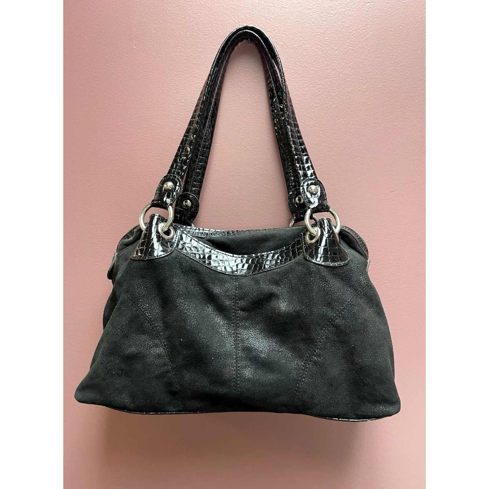 Crocs VINTAGE Kathy Van Zeeland Y2K McBling Studded Purse Bag Black Croc Faux Leather Glam Shoulder Bag Womens Size ONE SIZE - 5 Thumbnail