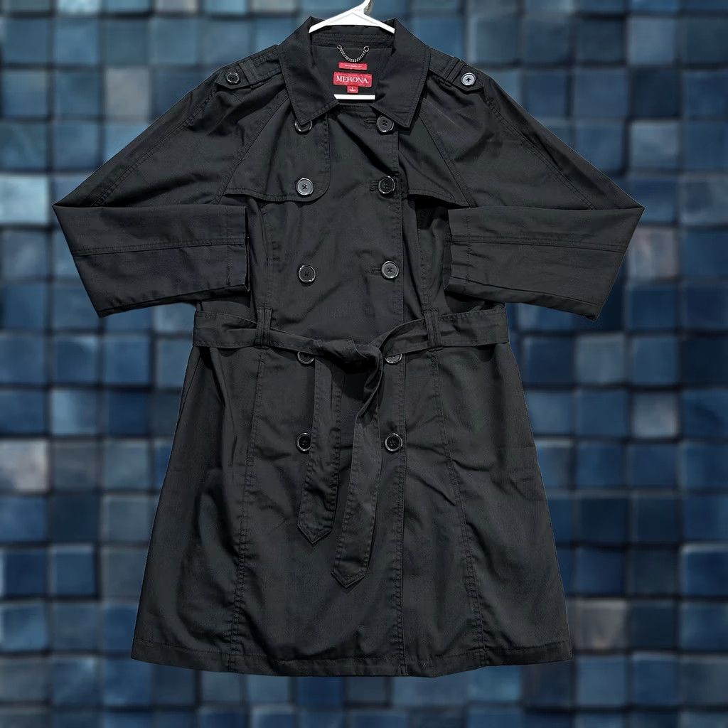 Merona Merona Trench Coat Womens Large Black Double Breasted Belted Water Repellent EUC Coat Size L / US 10 / IT 46 - 1 Thumbnail
