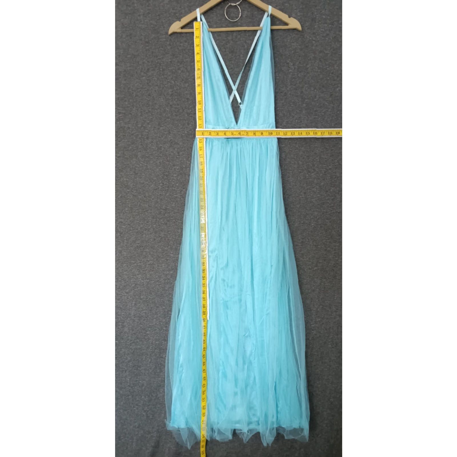 Vintage Ice Blue Moonlight V Neck Halter Maxi Women Dress Size M - Lined, Sleeveless, Solid Blue, Blended Fabric, Dress, Maxi, Women's, Casual Party Wedding Size M / US 6-8 / IT 42-44 - 5 Thumbnail