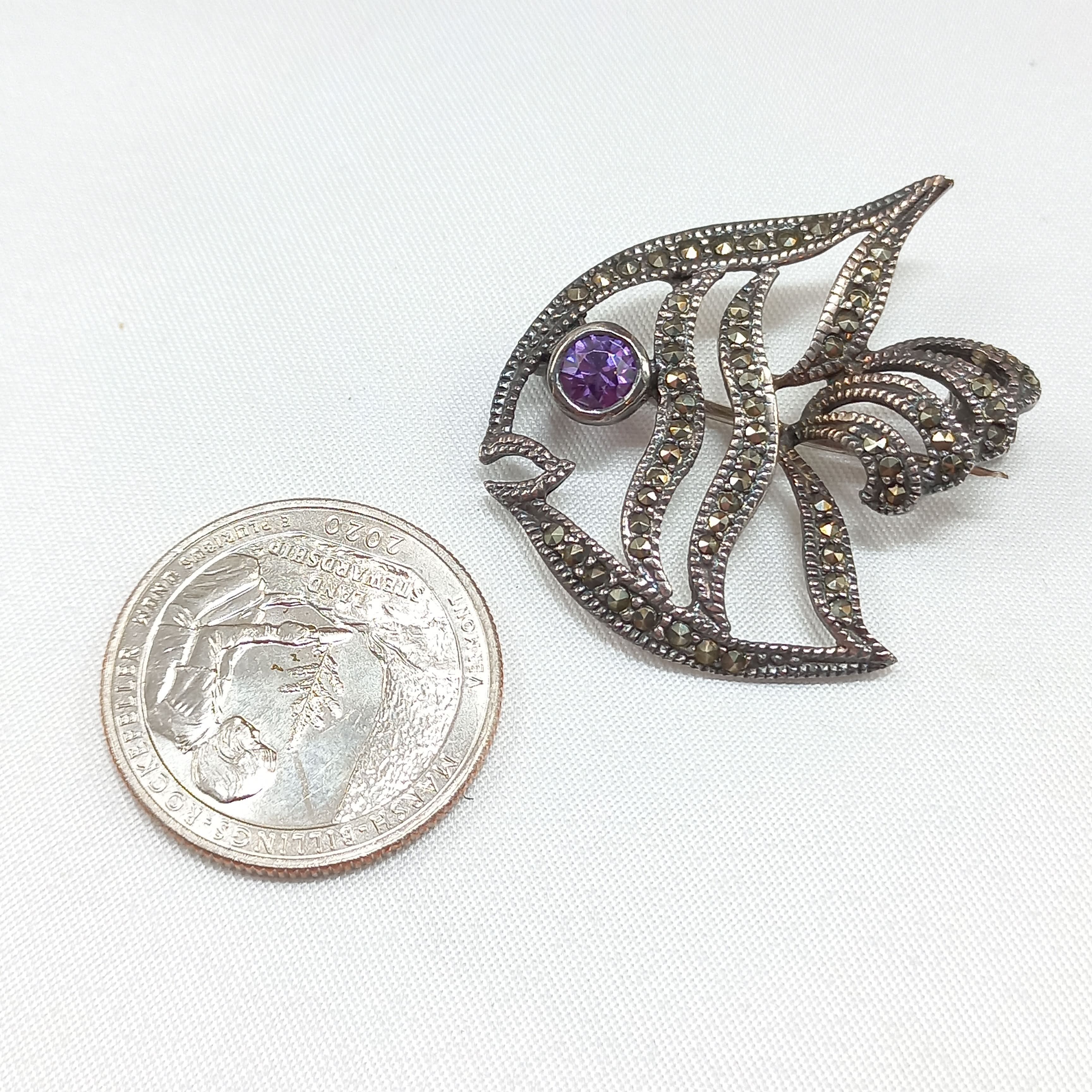 Sterling Silver Sterling FISH Vintage Marcasite Amethyst Brooch Pin Size ONE SIZE - 6 Thumbnail