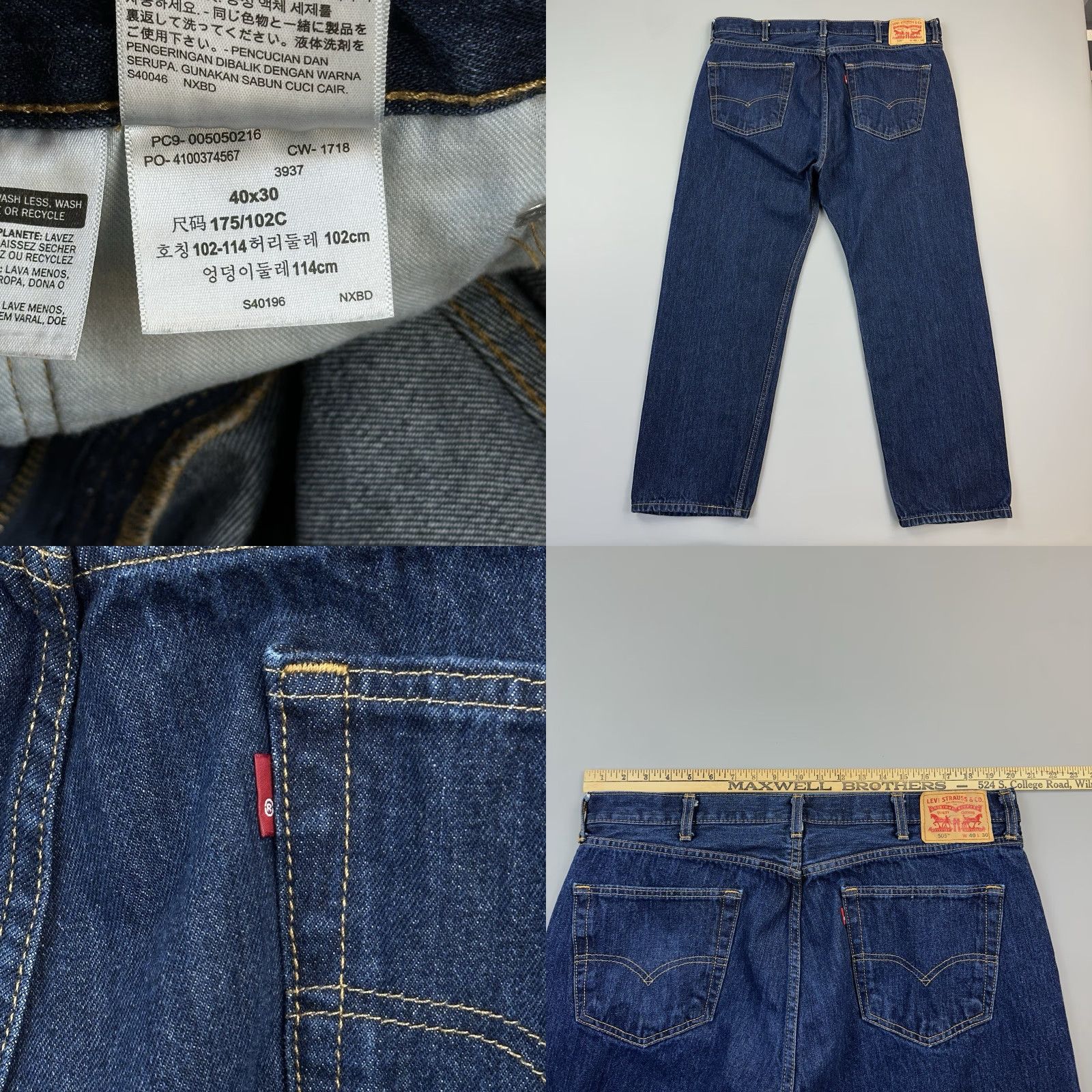 Levi's Levis 505 Jeans Mens 40x30 Blue Dark Wash Denim Regular Fit Straight Leg Jeans Size US 40 / EU 56 - 8 Thumbnail