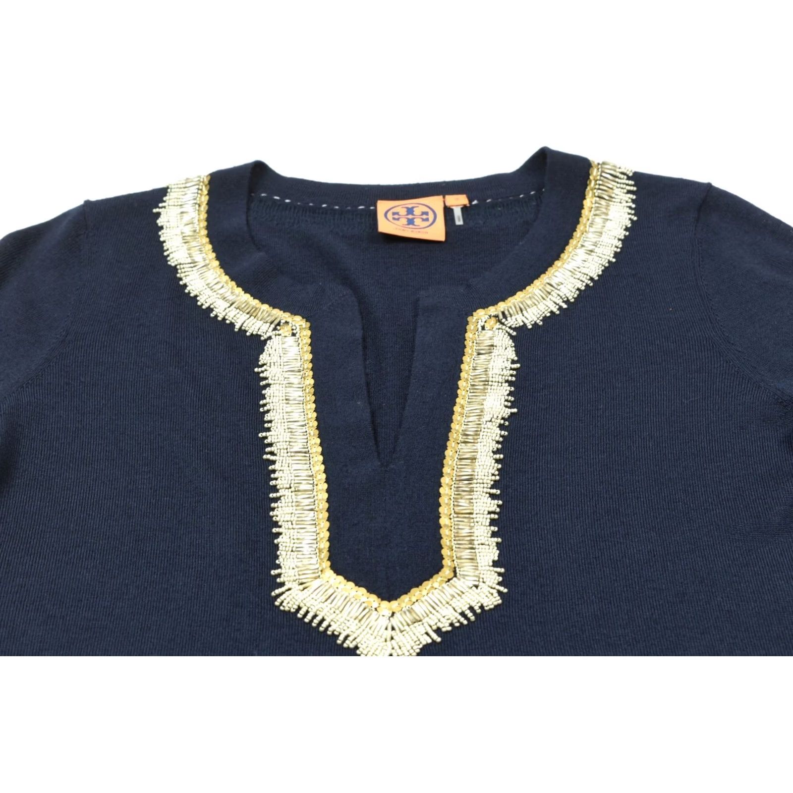 Tory Burch Tory Burch Merino Wool Embellished Tunic Sweater Blue Long Sleeve Women M-V-Neck Casual Knit Wool Size M / US 6-8 / IT 42-44 - 3 Thumbnail