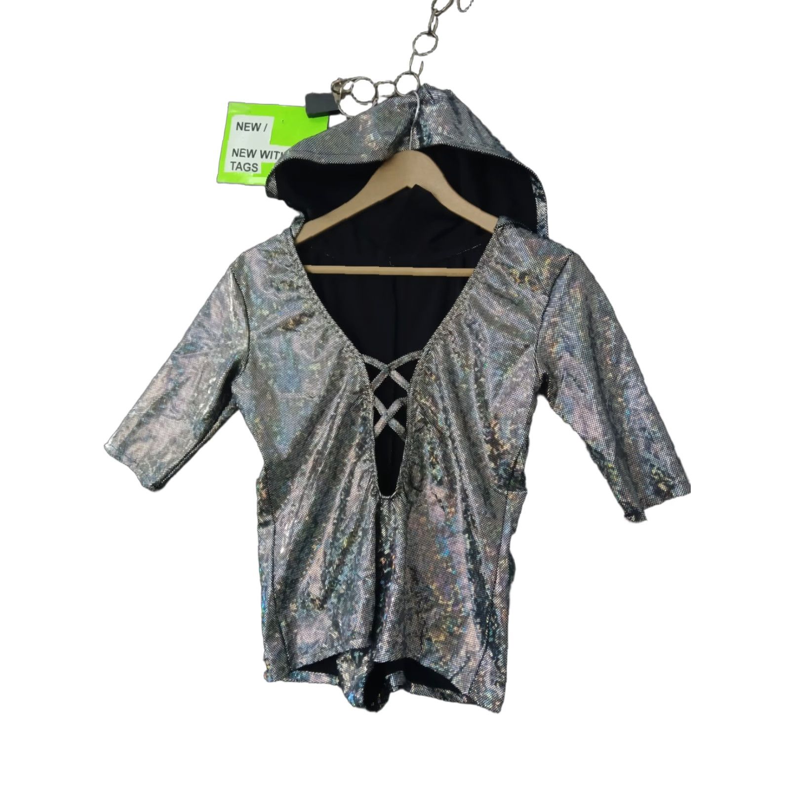 Vintage Womens Hooded Top V-Neck Shiny Silver XL Shirt Women Size XL / US 12-14 / IT 48-50 - 1 Thumbnail