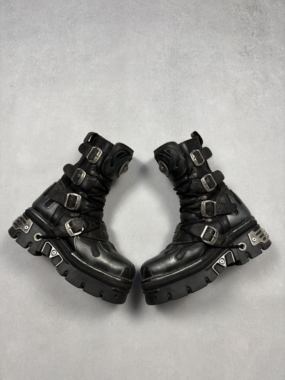 New Rock Mens New Rock Leather Moto Boots Black Skulls M-7601-C1