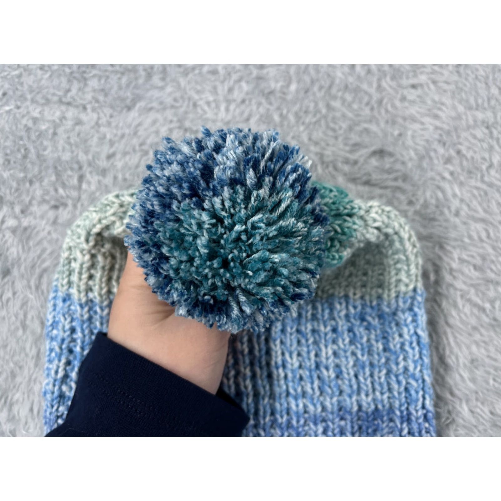 Vintage Made With Love By Gramma Nance Beanie Toque Womens Blue Knit Stripe Handmade Pom Hat Kid? Size ONE SIZE - 3 Thumbnail