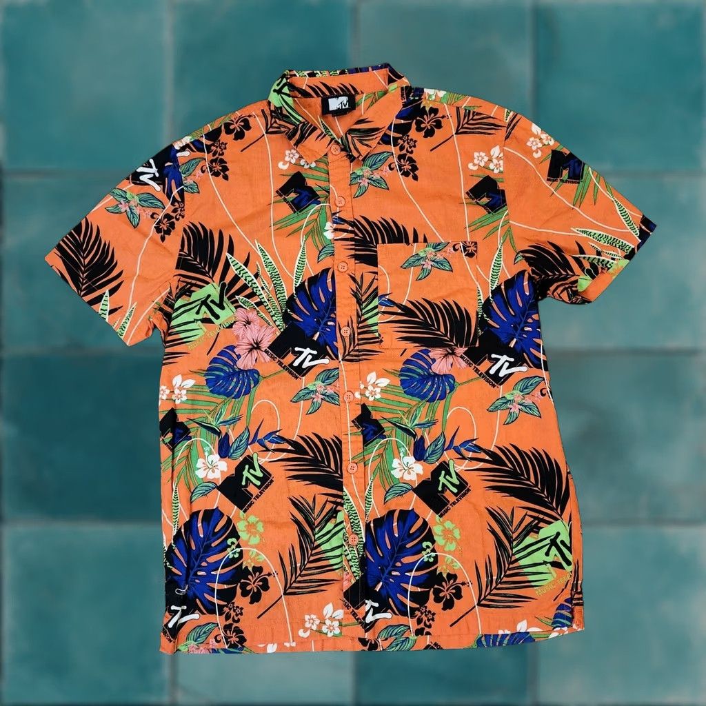 Logo 7 MTV Hawaiian Shirt Adult Large Orange Floral Logo Button Up Short Sleeve Mens Size US L / EU 52-54 / 3 - 1 Thumbnail