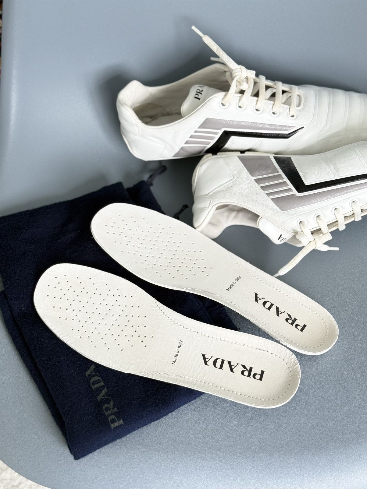 Prada Prada Rev Sneakers White Padded Leather Gray Stripe Low Top Size US 9 / IT 39 - 11 Thumbnail