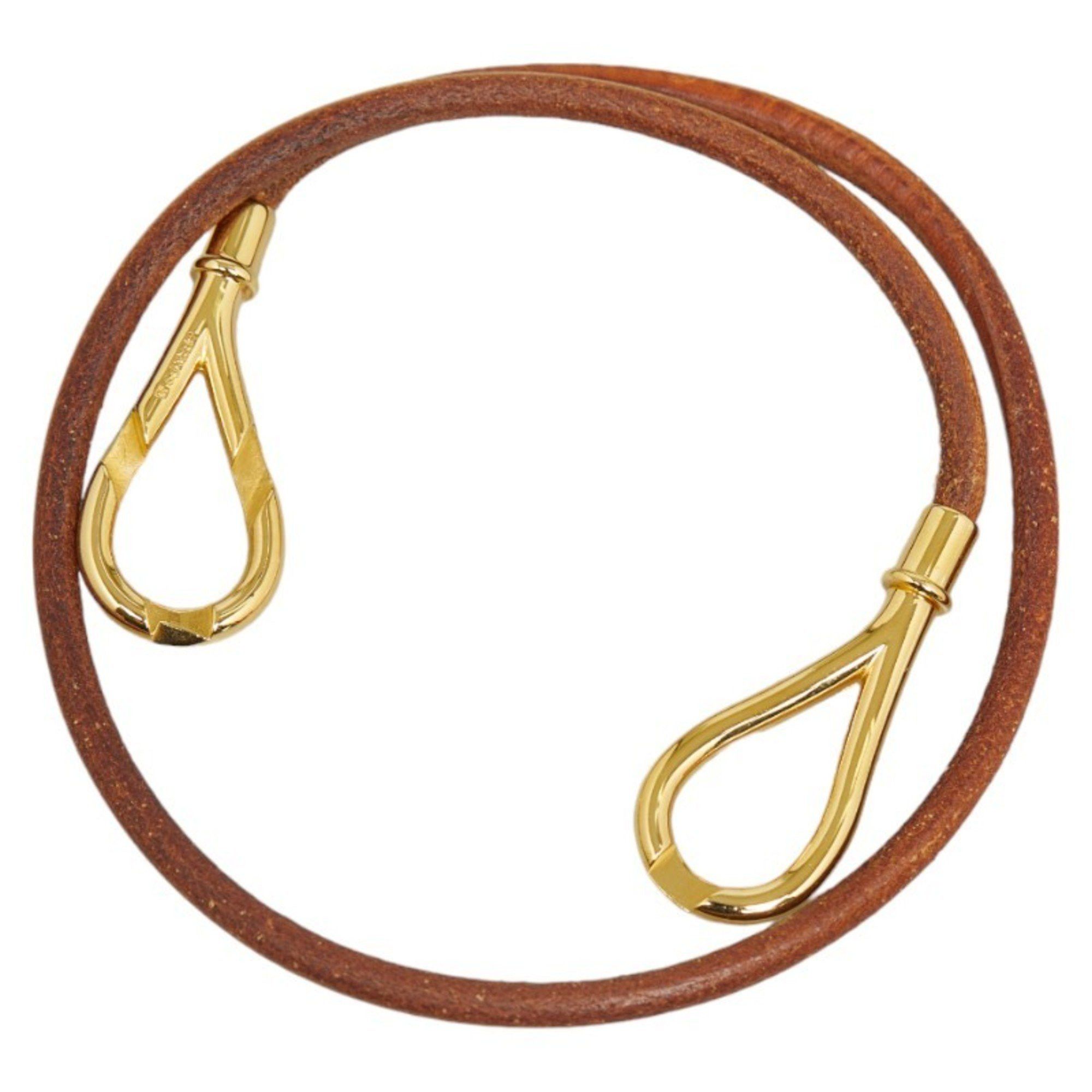 image of Hermes Jumbo Choker Bracelet Gold Brown Plated Leather Women's Hermes in Black