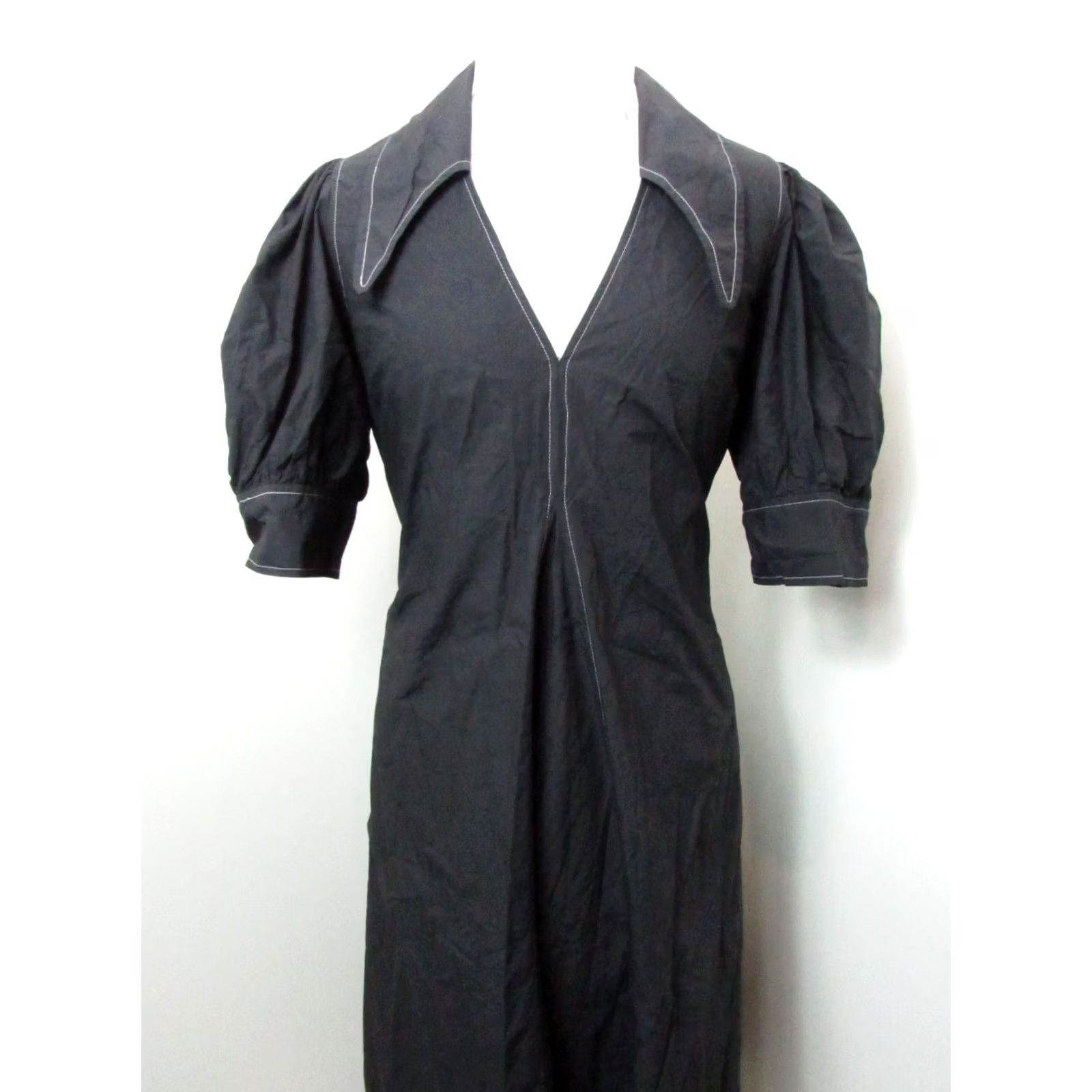 Ganni GANNI Dress Midi Black White Stitching Puff Sleeve V-Neck Pullover Large Women Regular Dress Size L / US 10 / IT 46 - 5 Thumbnail
