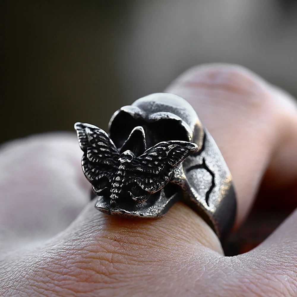 Vintage Gothic Moth Skull Ring Size ONE SIZE - 2 Thumbnail