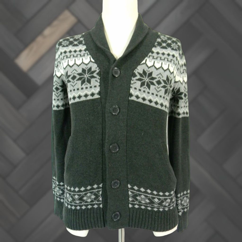 VINTAGE On The Byas Cardigan Sweater Mens S Gray Snowflake Fair Isle Winter Retro