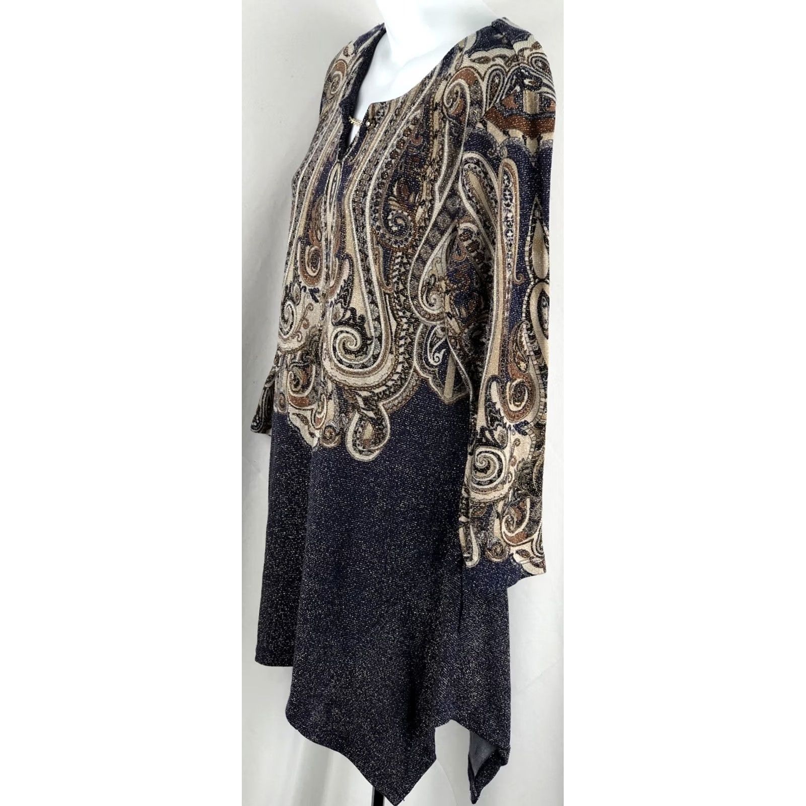 JM Collection JM Collection Tunic Top M Blue/Gold Glitter Geo Chain Accent Keyhole Boho Women Size M / US 6-8 / IT 42-44 - 2 Thumbnail