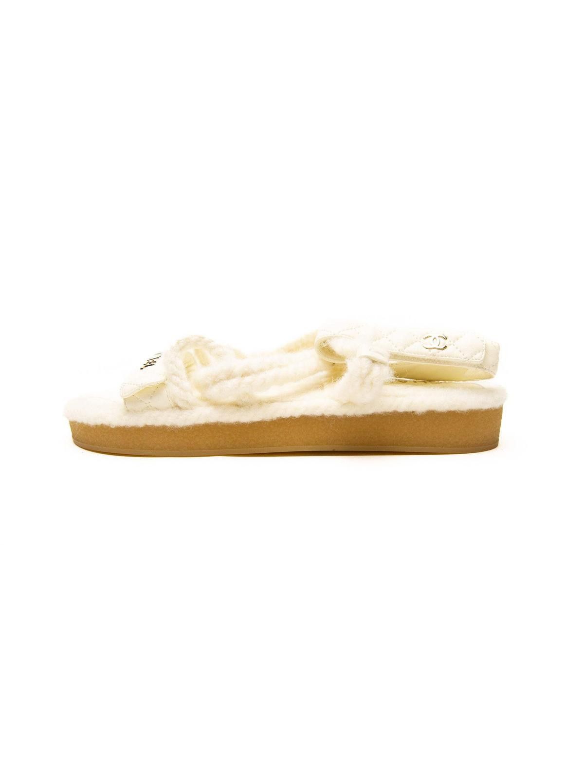 Chanel Chanel Womens Cord Lambskin Quilted Sandals 8 Cream Size US 10 / IT 40 - 4 Thumbnail