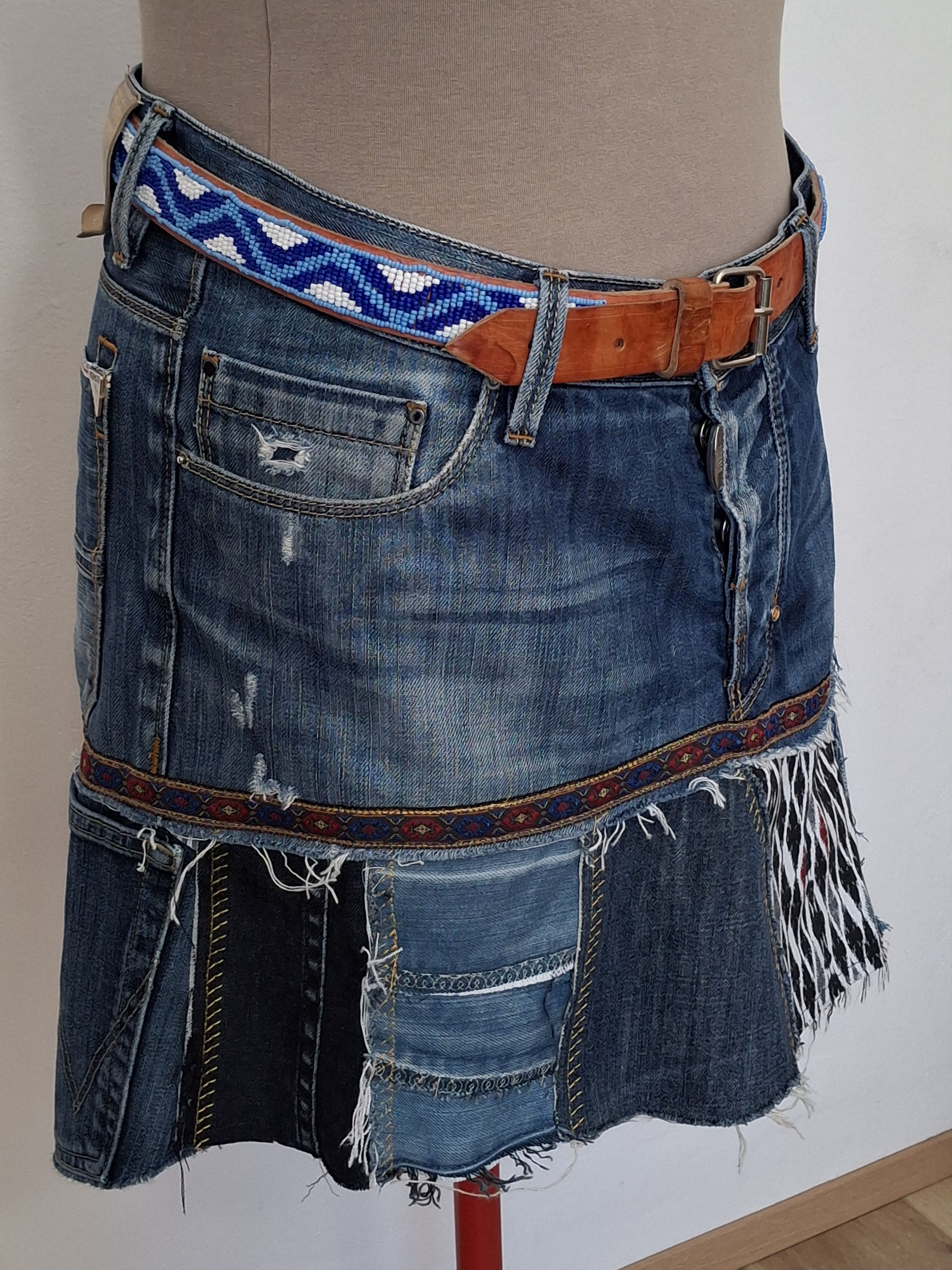 Handmade Custom Deconstructed 2000s Italian Denim Mini Skirt Size 33" - 1 Thumbnail