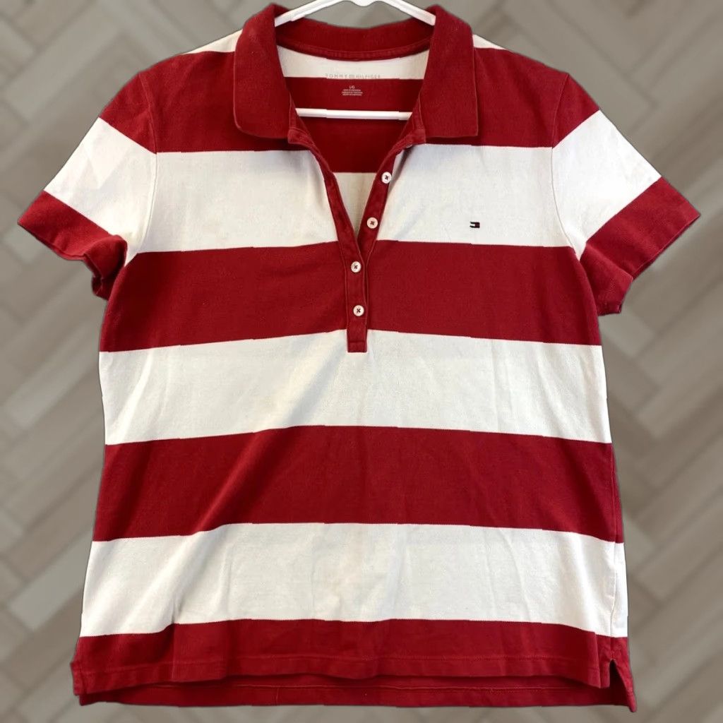 Tommy Hilfiger Tommy Hilfiger Polo Shirt Women Adult Large White Red Stripes Casual Short Sleeve Size 36" / US 14 / IT 50 - 1 Thumbnail