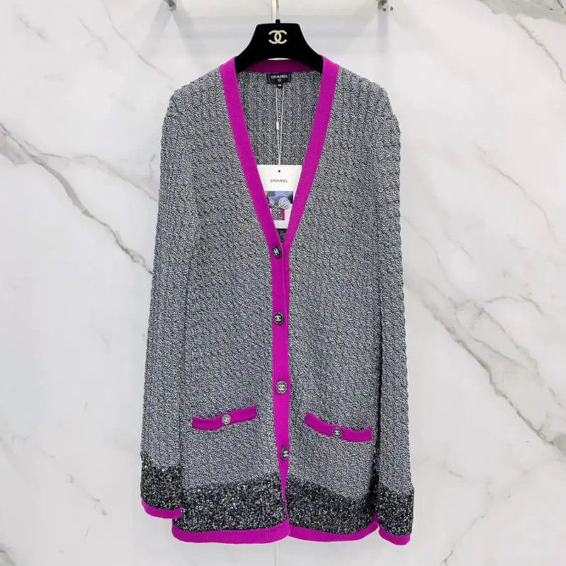 Chanel Chanel Gray Long Sleeve Cardigan with Pink Trim 0089 Size L / US 10 / IT 46 - 1 Thumbnail
