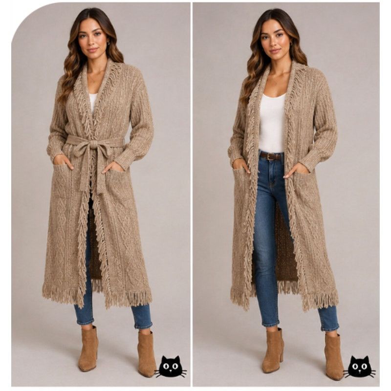 Other Olivaceous Tan Cream Cable Knit Fringe Trim Midi Cardigan L Size L / US 10 / IT 46 - 2 Thumbnail