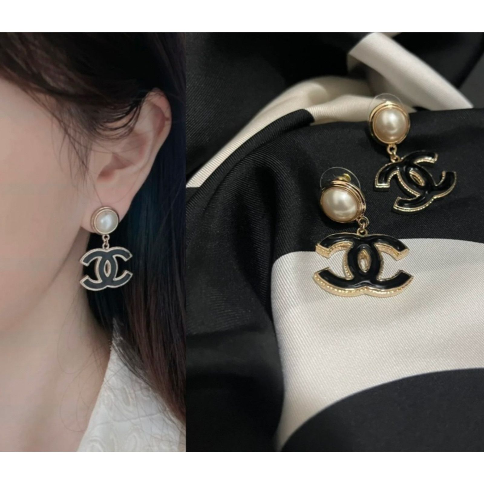 Chanel Chanel Pendant Gold Black Pearly White Stud Drop Earrings Size ONE SIZE - 4 Thumbnail