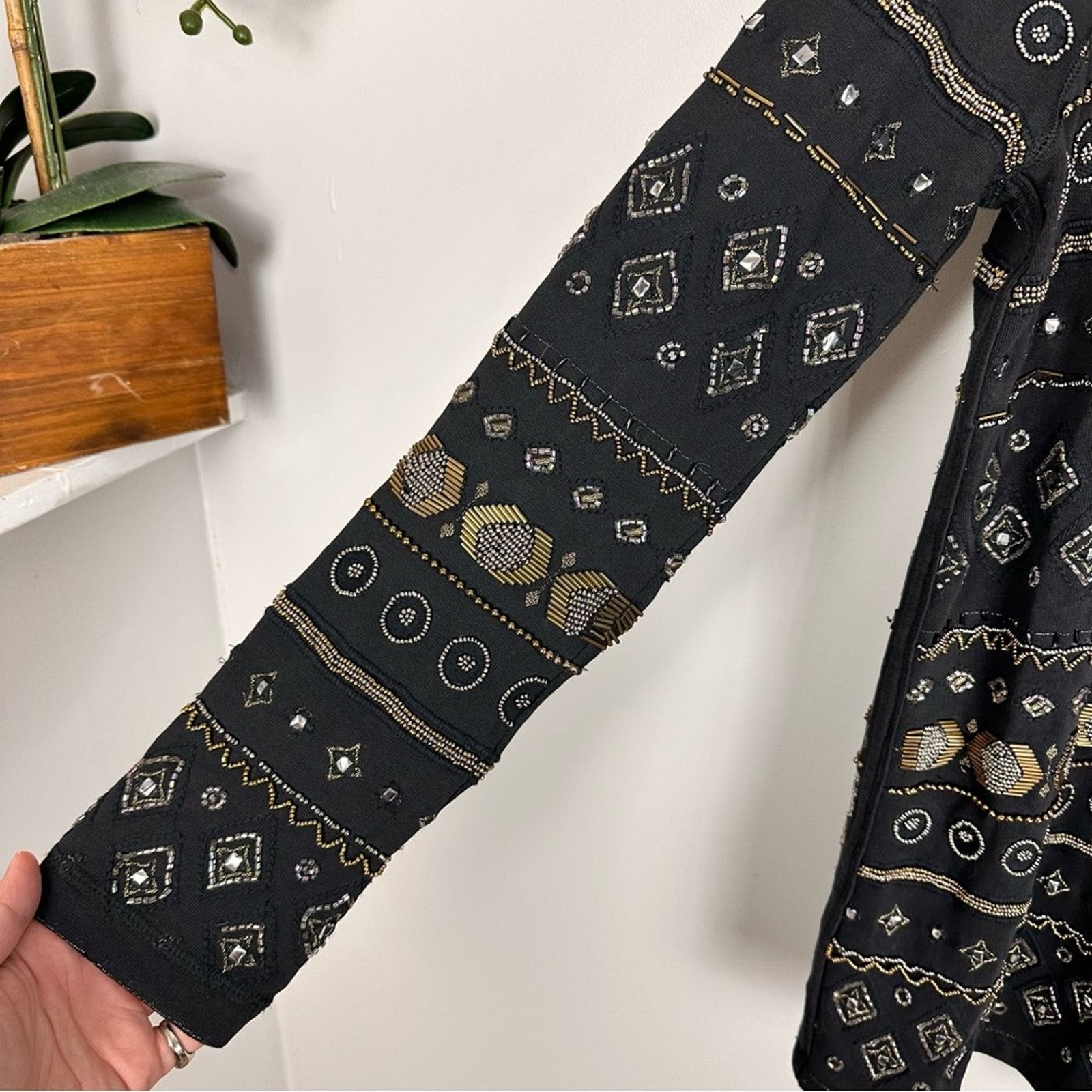 Free People Gold Beaded Long Sleeve Shift Mini Dress Black S