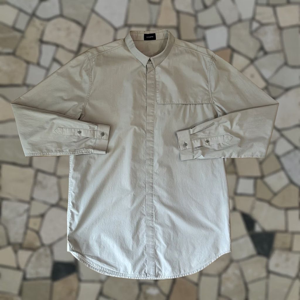 Stampd Stampd Storm Dress Shirt Button-Up Long Sleeve Men’s Large Tan Knit Cotton Solid Casual Workwear Urban Fashion 90s Style Mens Size 42R - 1 Thumbnail