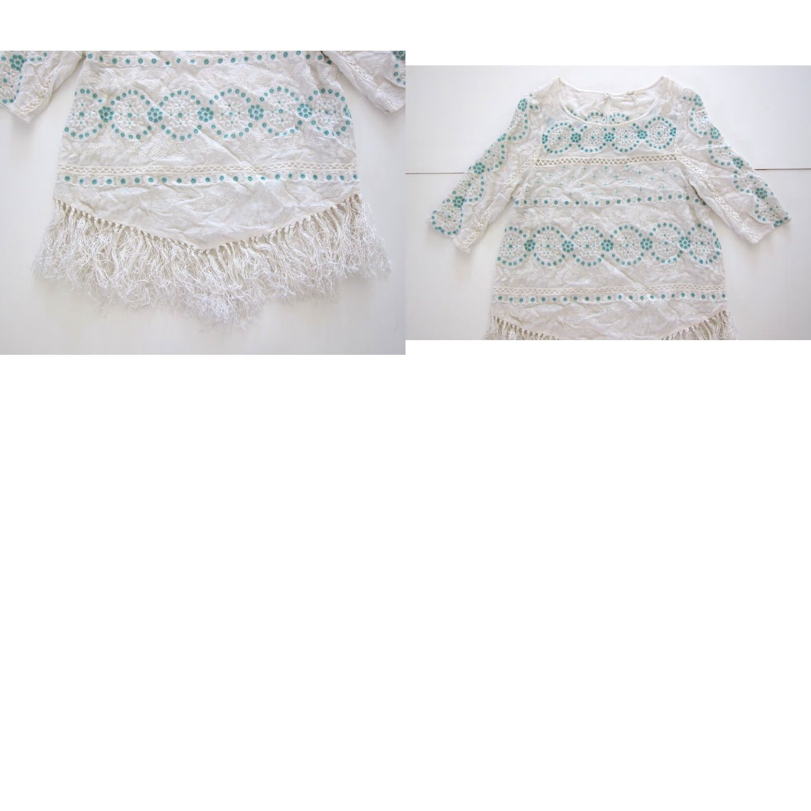Anthropologie VINTAGE Floreat Anthropologie Cotton White Green Embroidered Fringe Tunic Blouse 8 Size M / US 6-8 / IT 42-44 - 8 Thumbnail