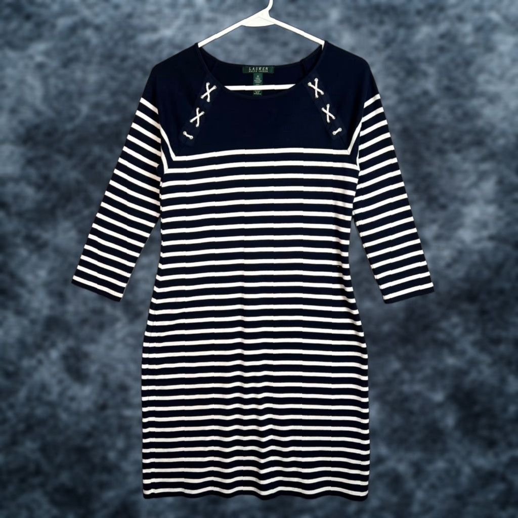 Ralph Lauren LAUREN RALPH LAUREN Navy Striped Midi Dress 3/4 Sleeve A-Line Women's Medium Size M / US 6-8 / IT 42-44 - 1 Thumbnail