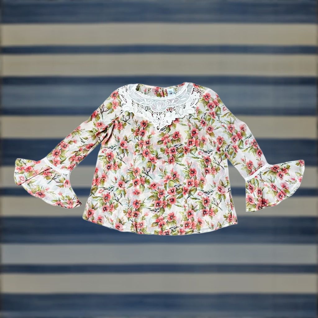 Disney Disney LC Collection Snow White Blouse Womens Small Floral Pink Long Sleeve Balloon Fringe Multicolor Polyester Blend Round Neck Regular Shirt Size S / US 4 / IT 40 - 1 Thumbnail