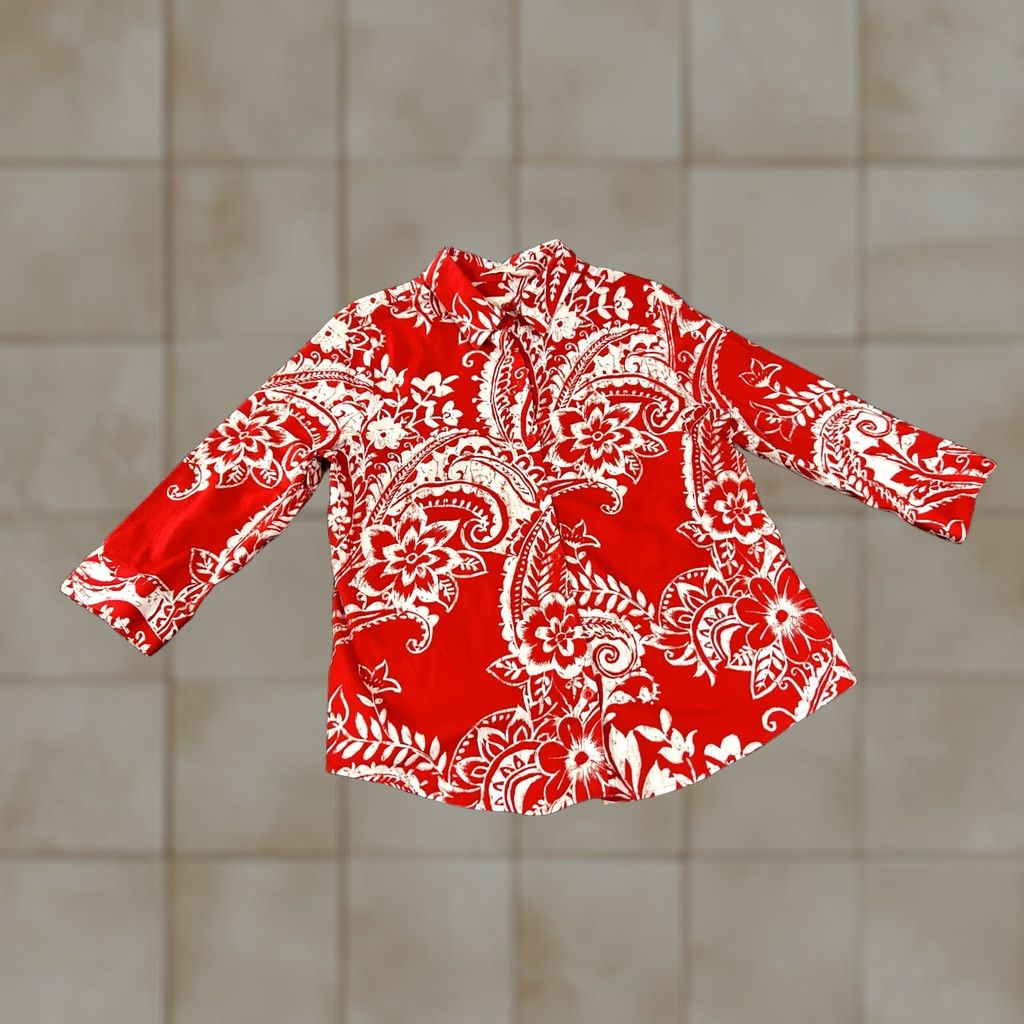 Vintage Chicos Blouse Womens Small Red White Floral Long Sleeve Lightweight Top Stretch Shirt Size S / US 4 / IT 40 - 1 Thumbnail