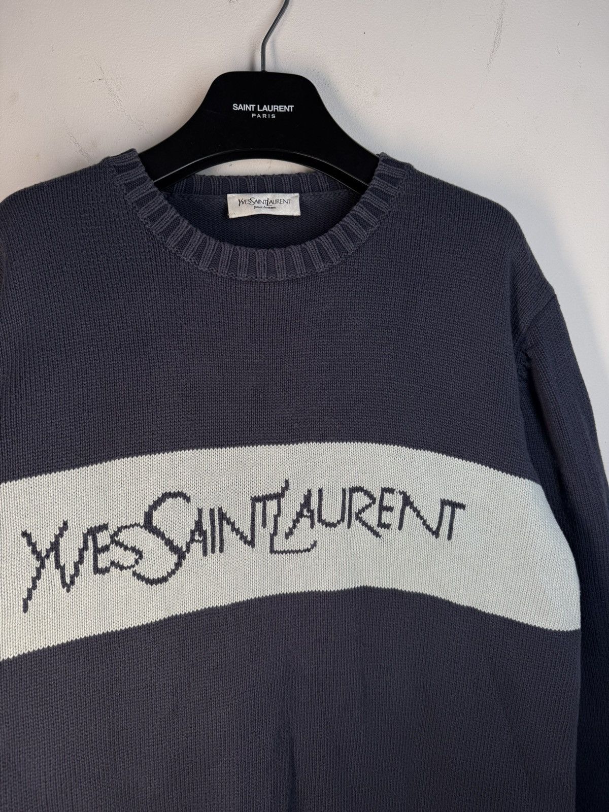 Yves Saint Laurent Royal Blue YSL Sweater Knit Big Logo Vintage Sweatshirt Rare Size US L / EU 52-54 / 3 - 3 Thumbnail
