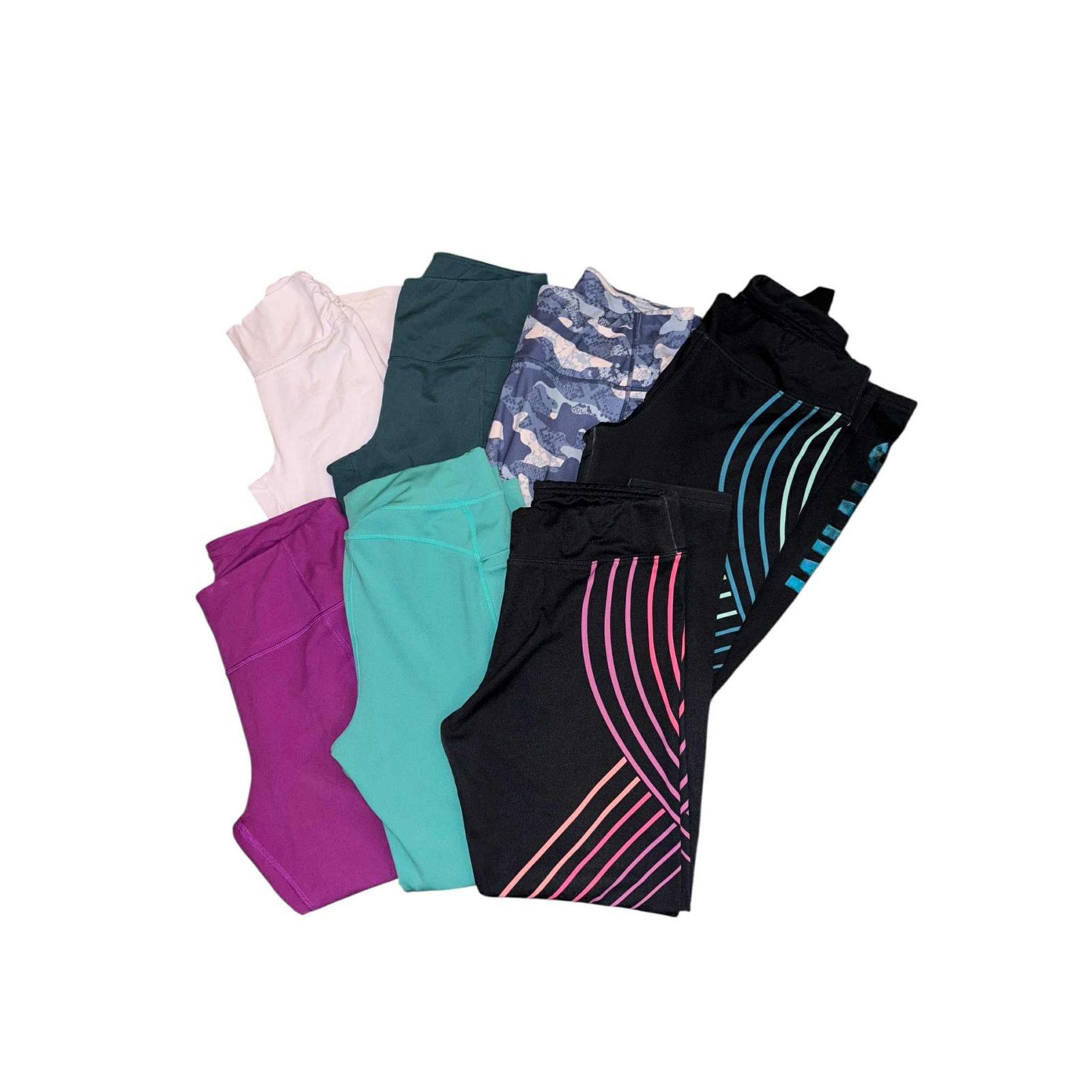 Other 7 Pair Leggings Athletic Stretch Full Length Black/Green LG Size 42" / US 20 - 4 Thumbnail