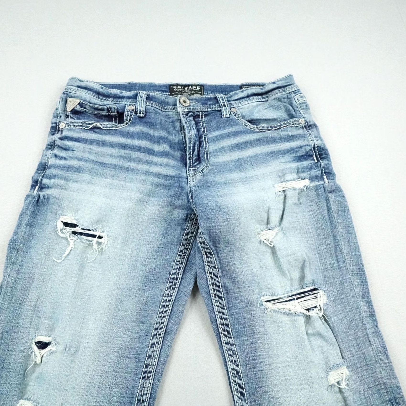 Vintage Salvage Supply Co Jeans Mens 36x30 Blue Denim Mayhem Bootcut Distressed Buckle Size US 36 / EU 52 - 2 Thumbnail