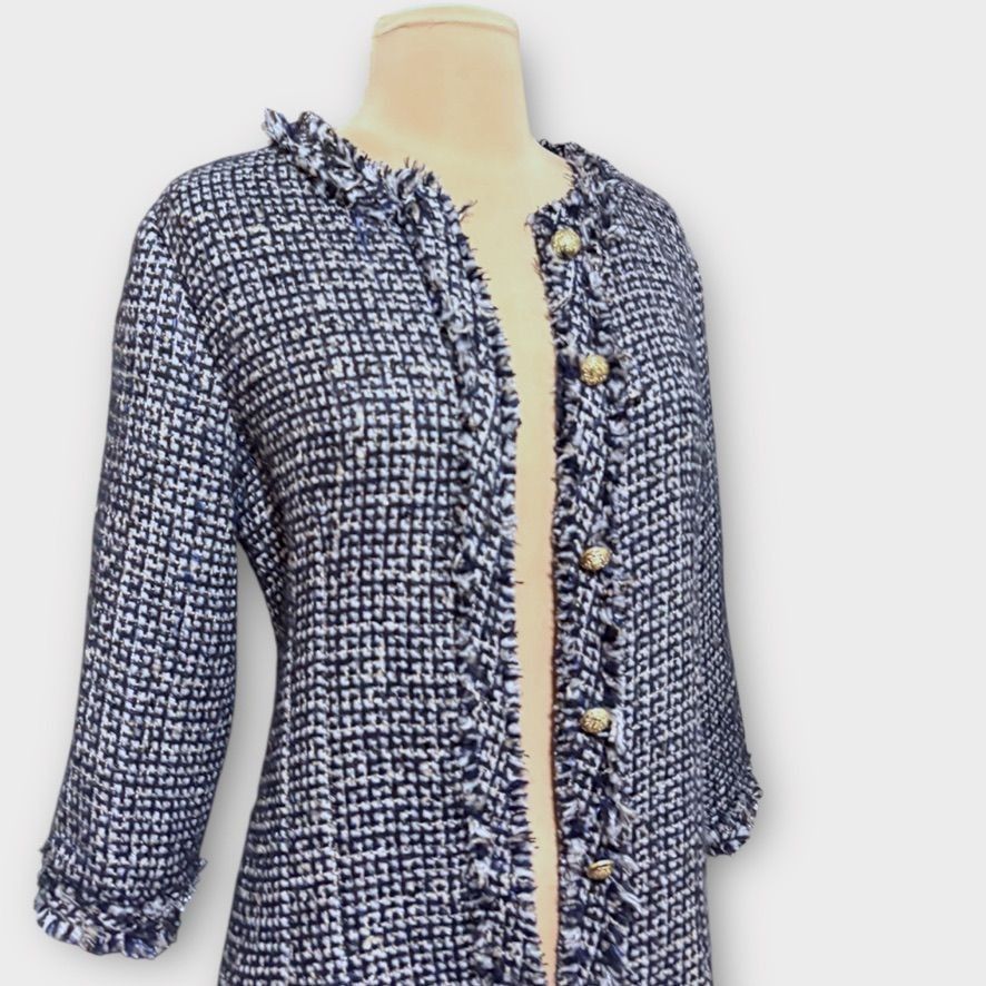 Zara Classic Tweed Boucle Jacket M Navy White Sequin Gold Button Size M / US 6-8 / IT 42-44 - 6 Thumbnail