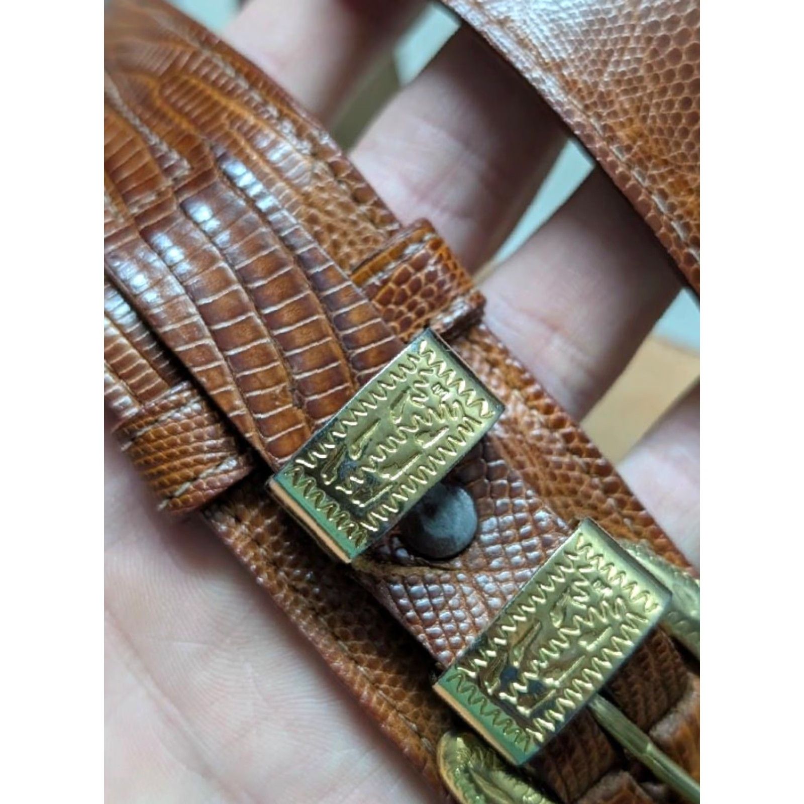 Vintage VINTAGE Justin belt western brown GENUINE LIZARD buckle nickel silver 28 Men belt Size 28 - 4 Thumbnail