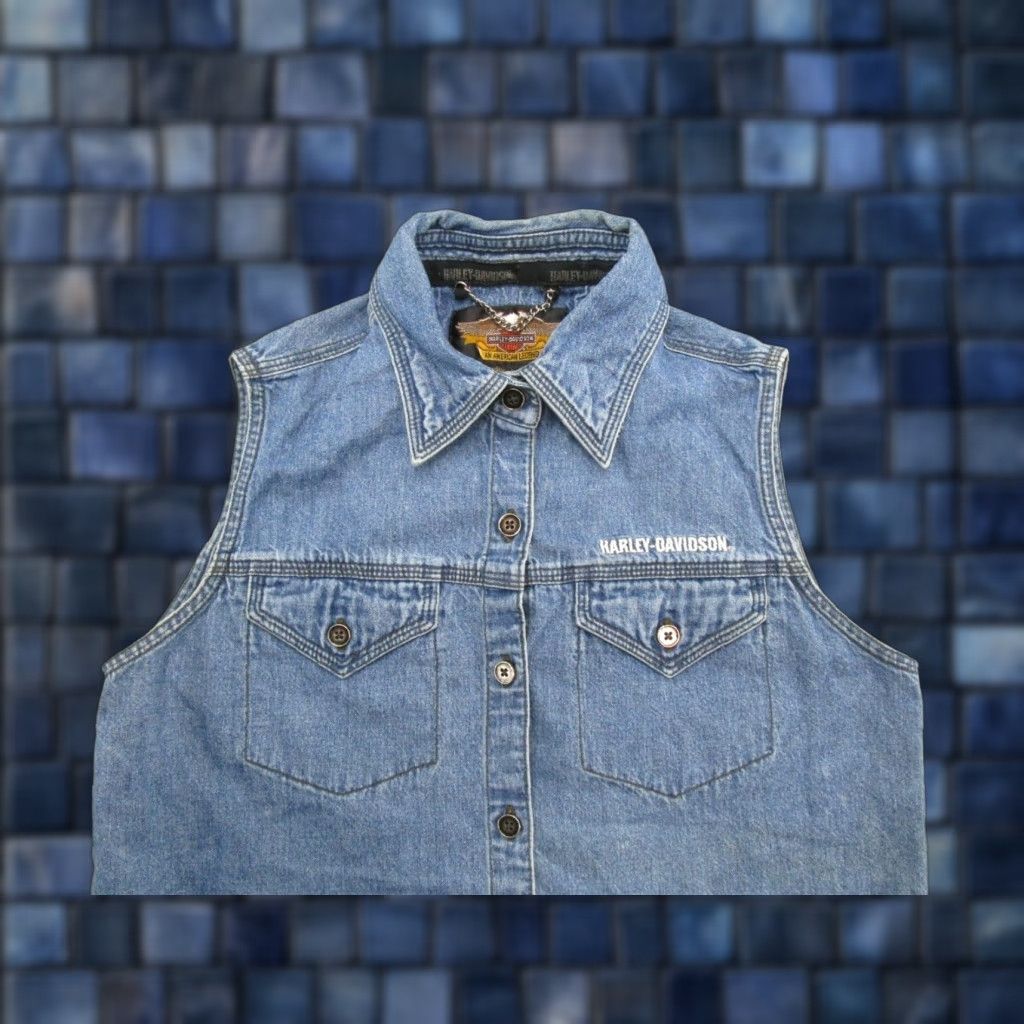 Harley Davidson VINTAGE Harley-Davidson Denim Vest Men's Size S Double Sided Motorcycle Bomber Jacket Size US S / EU 44-46 / 1 - 1 Thumbnail
