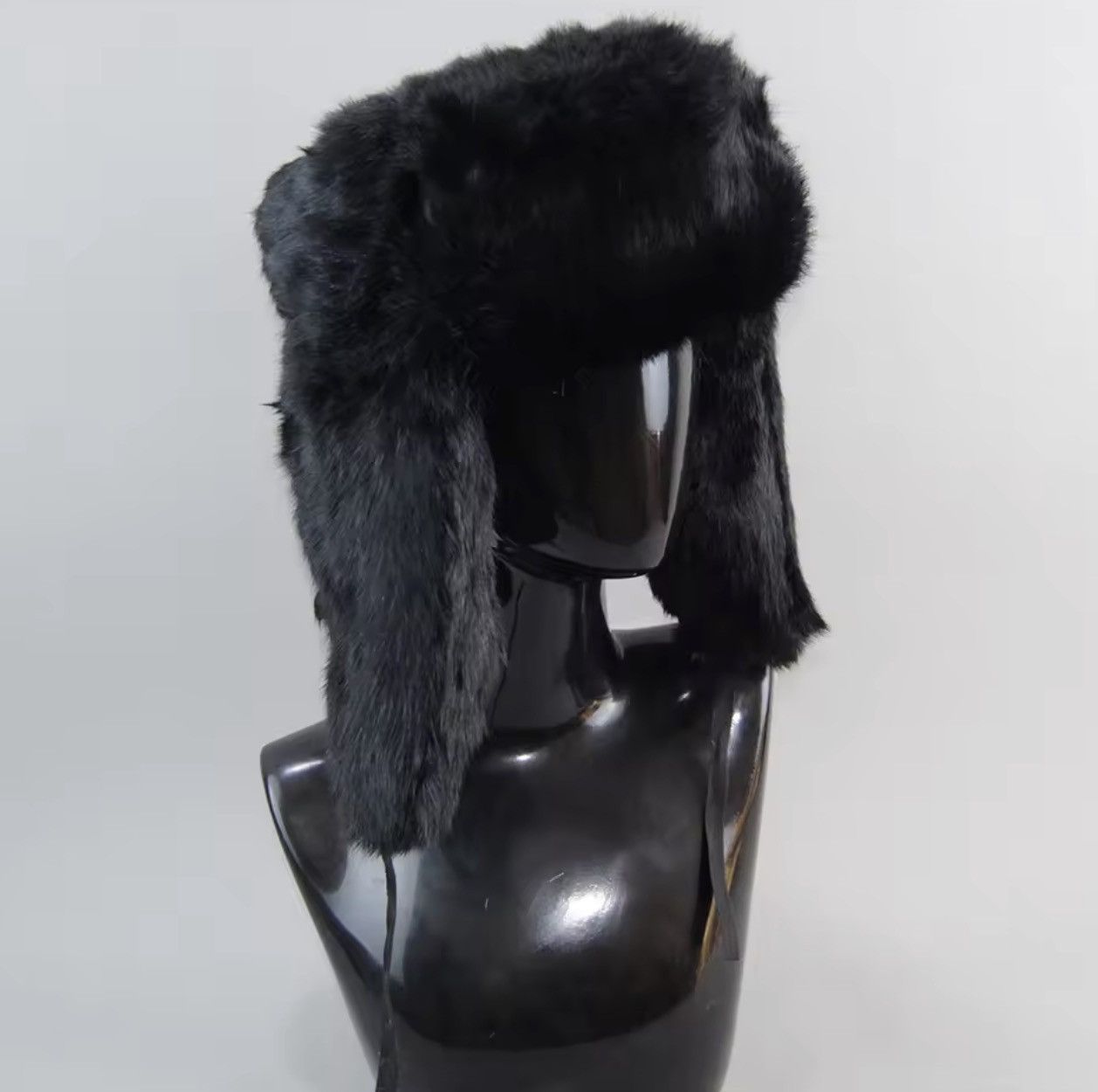 Japanese Brand Size M Luxury Black Rabbit Fur Trapper Hat – Unisex Winter Size ONE SIZE - 1 Thumbnail