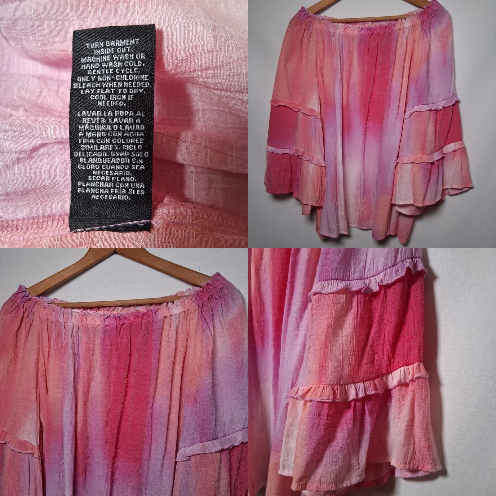 Vintage Zac & Rachel Blouse Large Pink Tie Dye Peasant Hippie Boho Off Shoulder 3/4 Sleeve Bell Sleeve Polyester Rayon Size L / US 10 / IT 46 - 8 Thumbnail