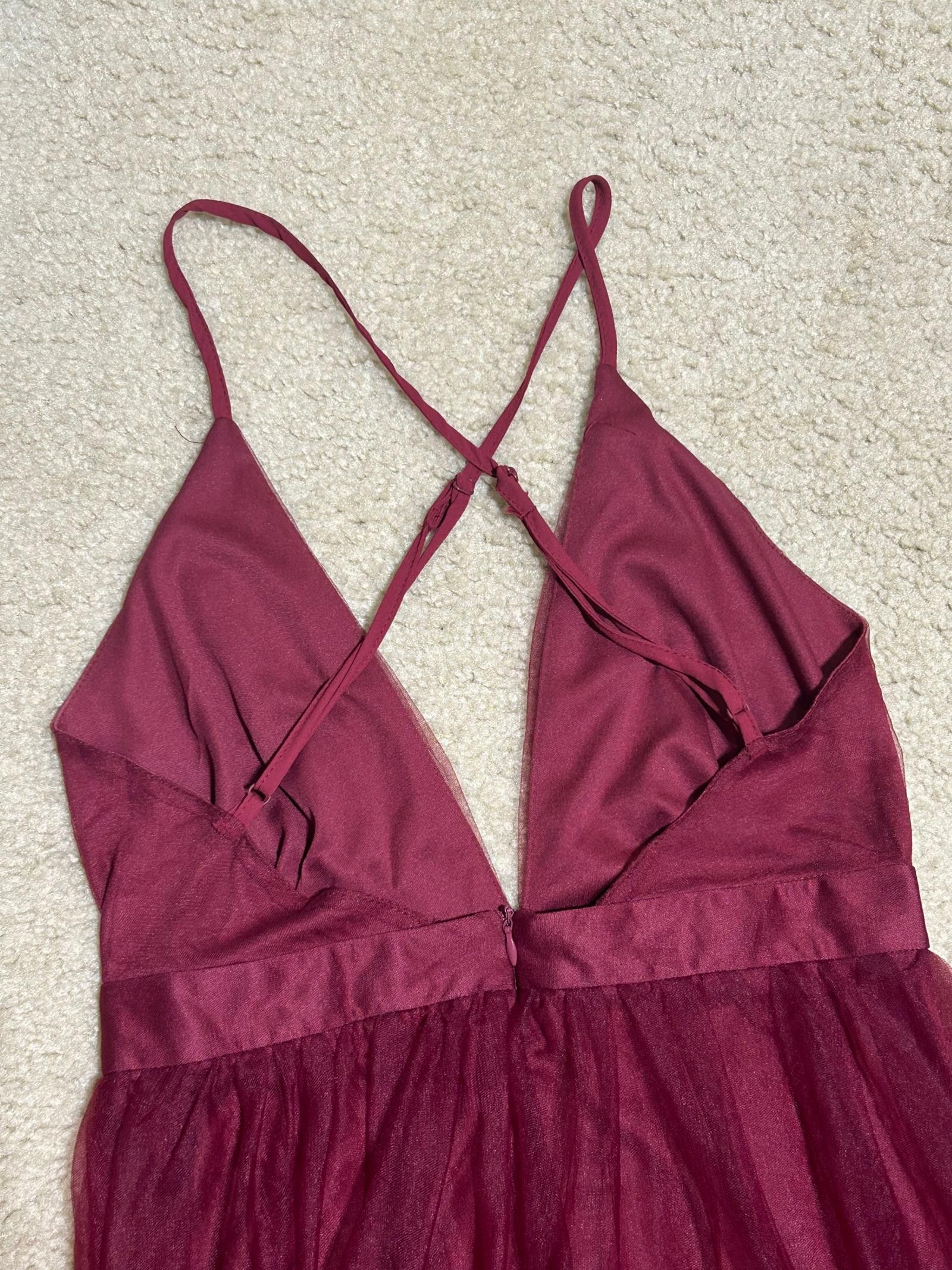 Designer Burgundy Tulle Maxi Dress, Size M - Elegant Strappy Back Size M / US 6-8 / IT 42-44 - 7 Thumbnail